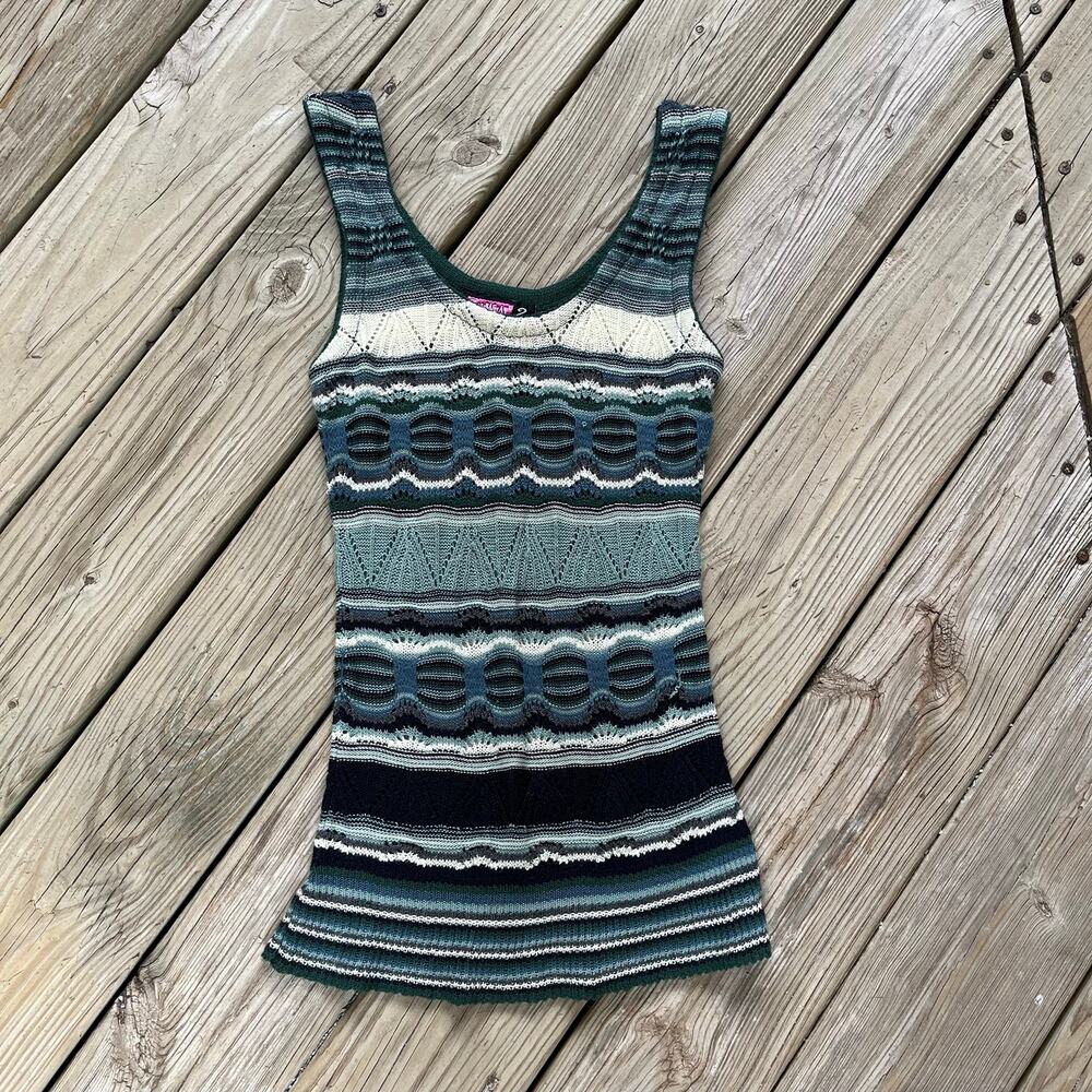 Say What? USA Women's Vintage Y2K Green/Blue Striped Knit Tank Top Size S